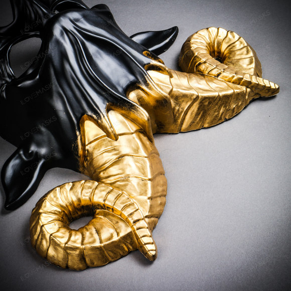 Krampus Ram Demon with Horns Devil Halloween Mask - Black  Gold - Picture 5 of 5